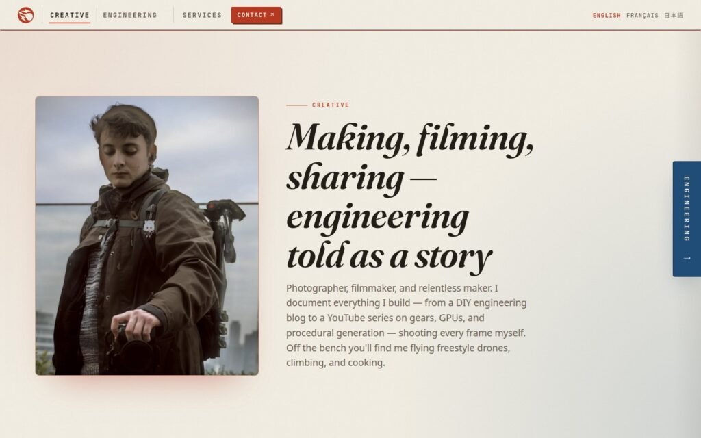 Creative side of eymeric.me, the same layout mirrored with italic headings