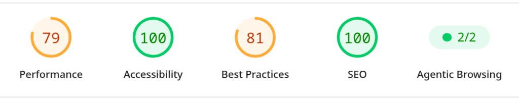 Lighthouse scores of the eymeric.me home page on mobile : Performance 79, Accessibility 100, Best Practices 81, SEO 100