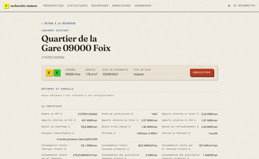 recherche-maison certificate page : address, surface and date, then the certificate values like the heating need and the consumption