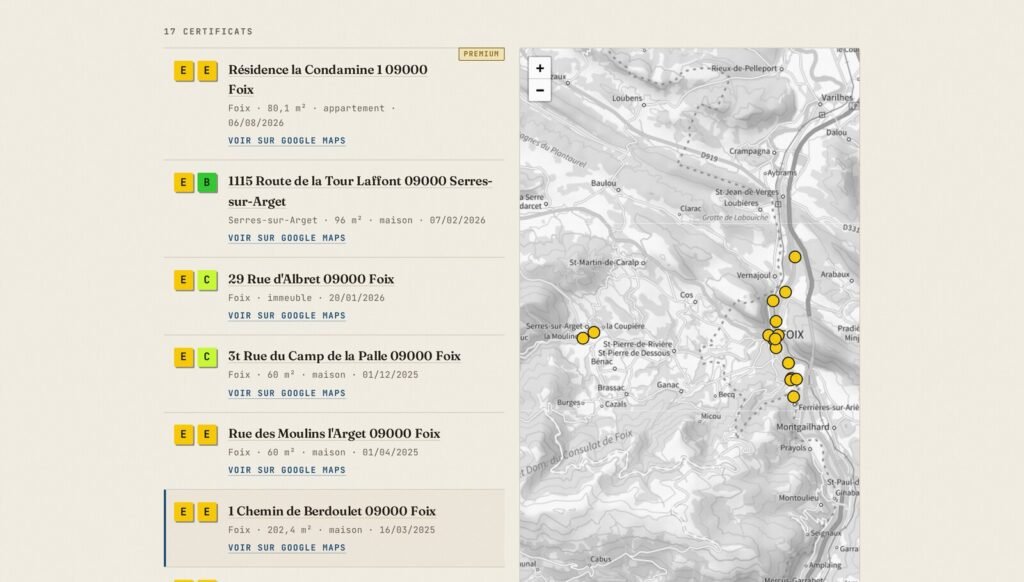 recherche-maison search results for Foix 09000, class E : a list of 17 certificates with their address and a map of the same homes